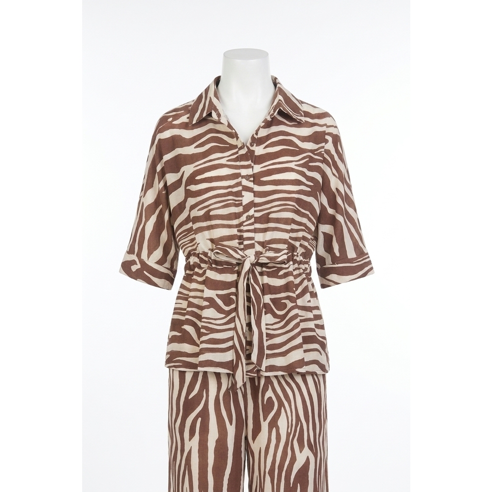 NEW ENTRO elizabeth zebra print drawstring waist top in brown